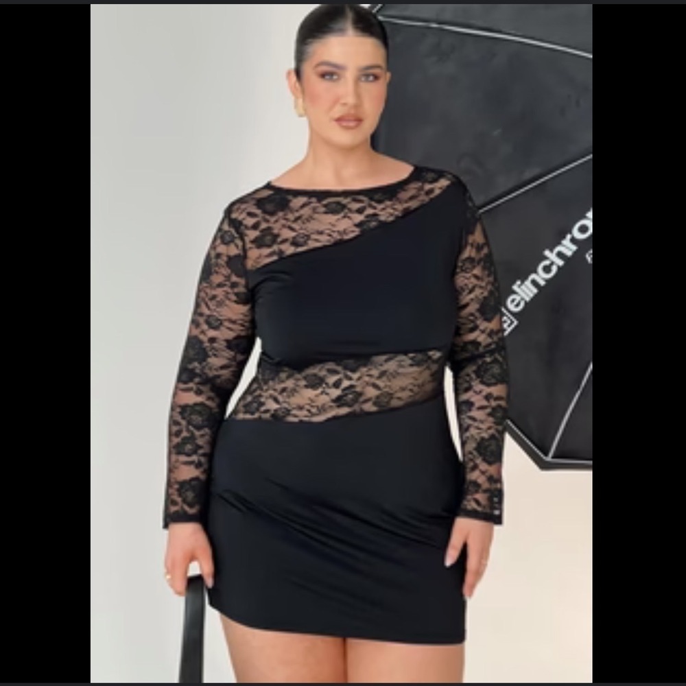Princess Polly‎ Black Lace Mesh Asymmetric Long Sleeve Mini Dress US 10 LBD (E)